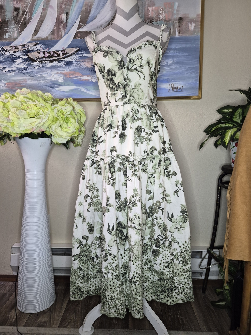 Anthropologie White Maxi Dress with Green Floral Print